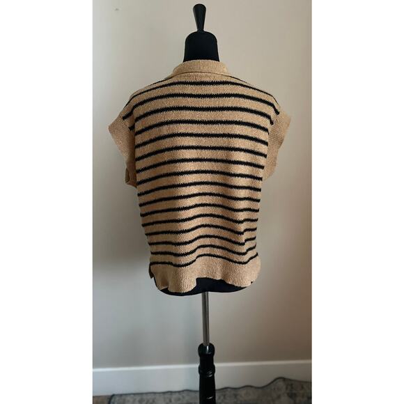 PROMESA Women's Cut Tan Black Striped Collared V Neck Knit Sweater Size M - Picture 3 of 8